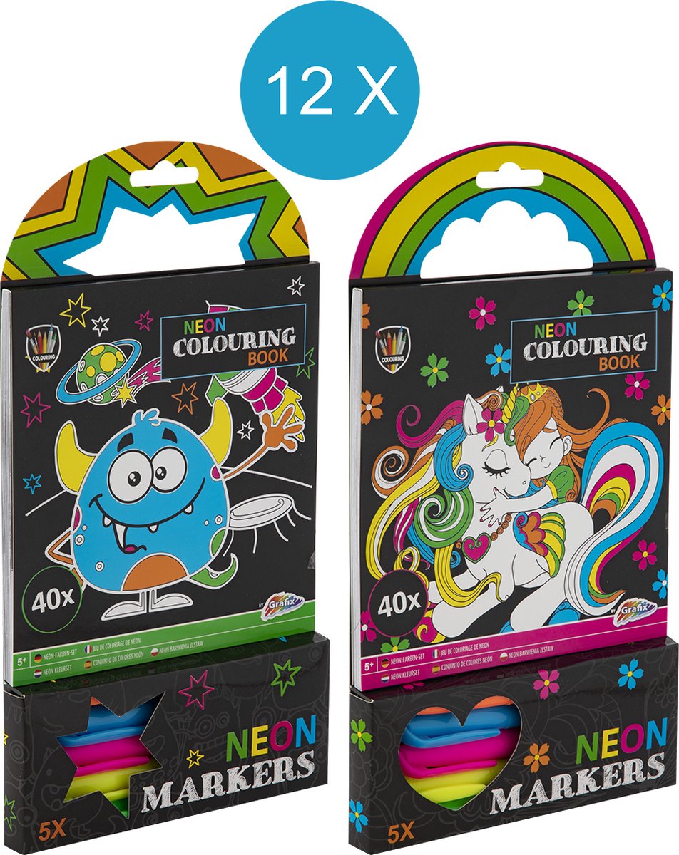 Grafix Uitdeelcadeautjes set | 12x Kleurboeken inclusief neon markers | 2 verschillende varianten | Unicorn & Ruimte | uitdeelboekjes voor kinderen